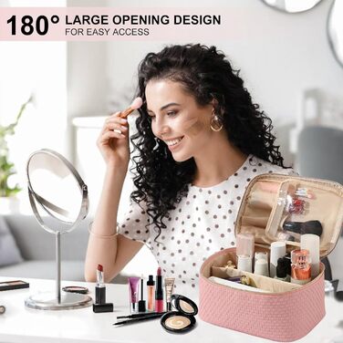 Жіноча косметичка для подорожей, водонепроникна, з відділенням для пензлів, з PU шкіри, велика, органайзер, сумка для макіяжу (Хвилястий зелений) (Світло-рожевий)