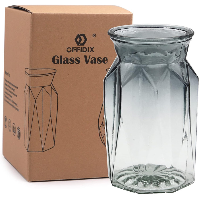 Скляна ваза OFFIDIX з градієнтом кольорів, багатоколірна, геометричний дизайн, для квітів, декору, весіль, свят, офісу або дому (прозора сіра)