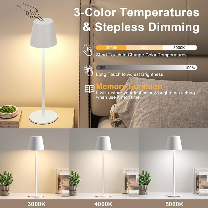 Акумуляторна настільна LED лампа бездротова з USB-C зарядкою, регульована яскравість, 3 режими світла, сенсорна лампа для дому, спальні, кемпінгу (біла)