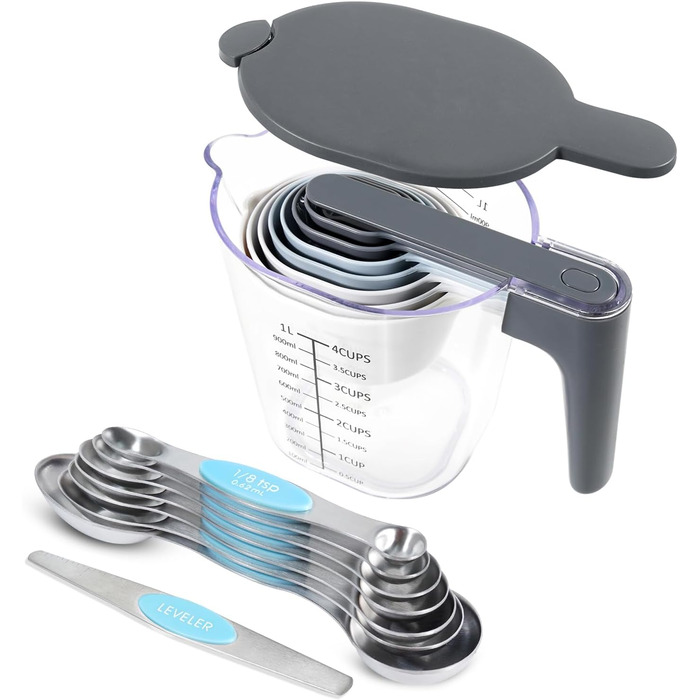 Recogwood 18-Piece Measuring Cup and Spoon Set, includes 10 stackable measuring cups with lids and 8 magnetic measuring spoon set for liquids and dry ingredients, BPA-free (blue)