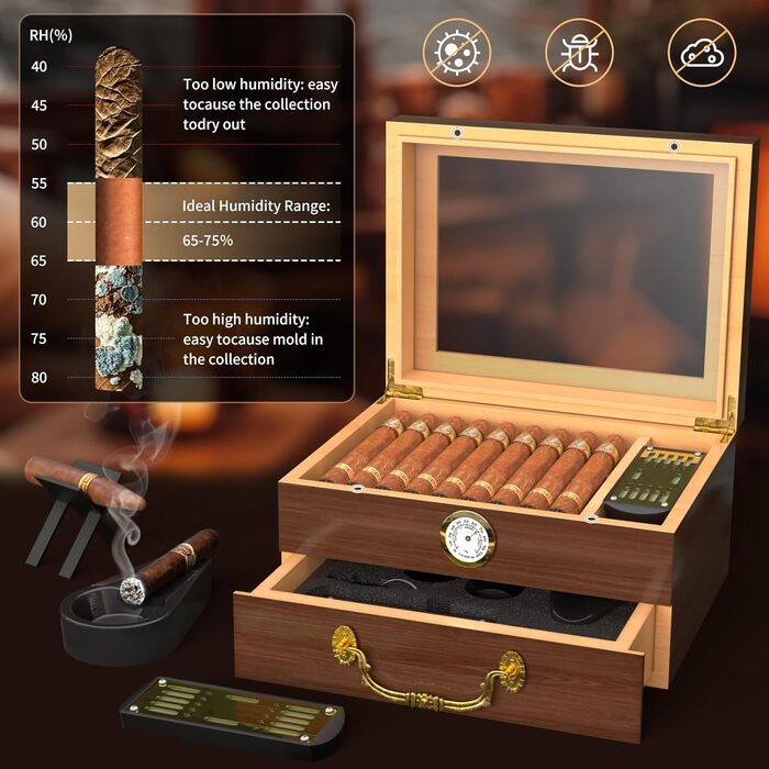 Герметичний вологомір для сигар | Humidor з вологоміром, виготовлений з порцелянового дерева, аксесуари, повний комплект аксесуарів | Для 20–70 сигар (Колір: чорне горіхове дерево)