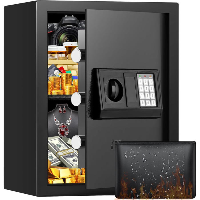 Великий сейф 50л для дому: вогнестійкий, водонепроникний, з ключем та кодовим замком. Сейф для ювелірних виробів, документів, грошей. Вбудована сигналізація, настінний сейф.