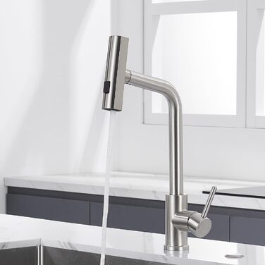 Чорний кухонний змішувач з висувною лійкою, водоспад, високий тиск, 3 режими, 360° поворот, нержавіюча сталь (нікель)