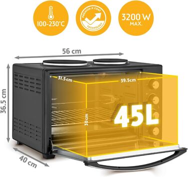 Міні-піч TZS First Austria 45L з плитами 3200W - піч для піци з антипригарним покриттям та 4 рівнями для запікання