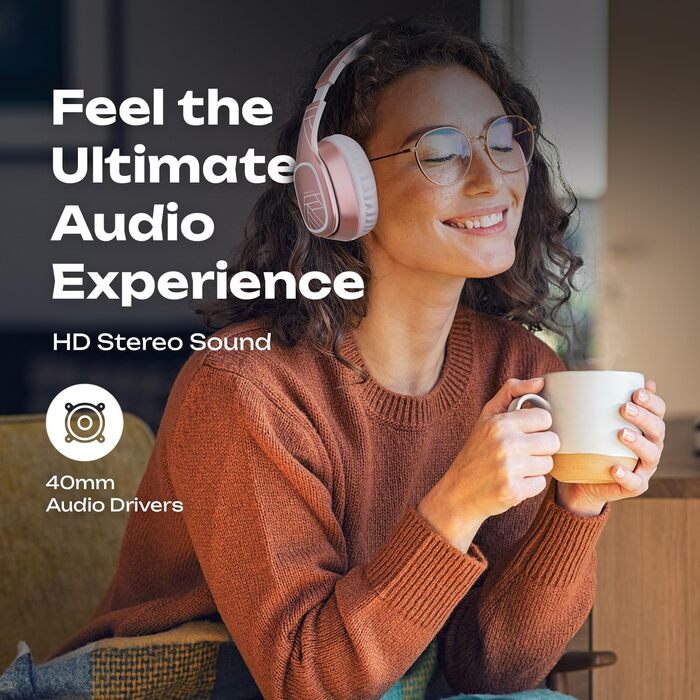 PowerLocus P7 Bluetooth навушники Over-Ear, складні, бездротові з басами, Hi-Fi стерео, з функцією гучного зв'язку, USB-C зарядка, тривалий час роботи, для iPhone/PC/TV (Line Rose Gold)