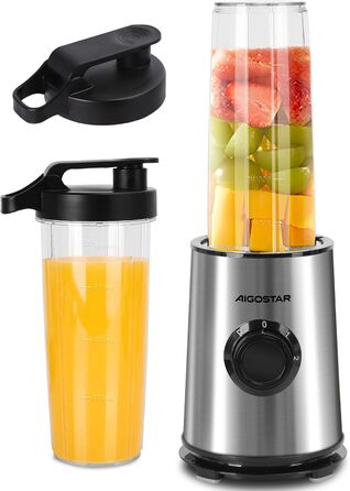 Блендер Aigostar для смузі, Mini Standmixer, 600W, 2 пляшки 800мл з кришкою, 2 швидкості + імпульсний режим, подрібнення льоду, пляшка Tritan, без BPA. Baron