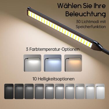 Стійка лампа Aisutha для столу з LED, 3 кольори, 10 рівнів яскравості, регульована, захист очей, для офісу, кабінету та майстерні (чорний)