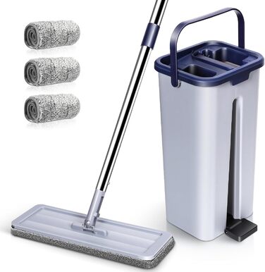 Набір для миття підлоги MASTERTOP з відром, моп з нержавіючою ручкою та 3 насадками, 2 в 1 набір відр та мопа, плоский моп з функцією віджиму для ламінату, плитки, твердої підлоги (Бежевий) (Набір для миття підлоги з відром: Сірий+Блакитний)
