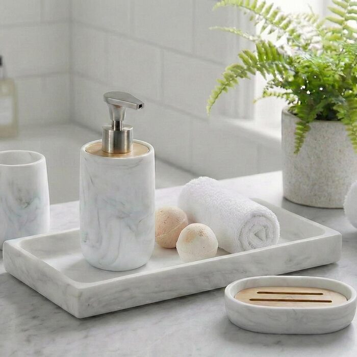 Набір для ванної кімнати 4 предмети з піддоном - дозатор для мила (цинк), стакан для зубних щіток, мильниця та поличка - мармуровий малюнок, бамбук - сучасний органайзер (піддон Marble)