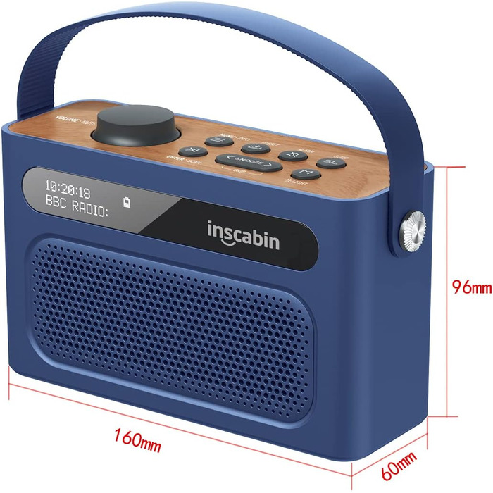 Inscabin M60: Портативне DAB/DAB+ FM-радіо з Bluetooth, подвійними динаміками та будильником (блакитний)