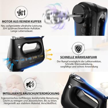 Електричний ручний міксер 300W з нержавіючої сталі, вінчики та гаки для тіста, 5 швидкостей, Turbo Boost, для випічки, тортів, яєць, збивання, чорний