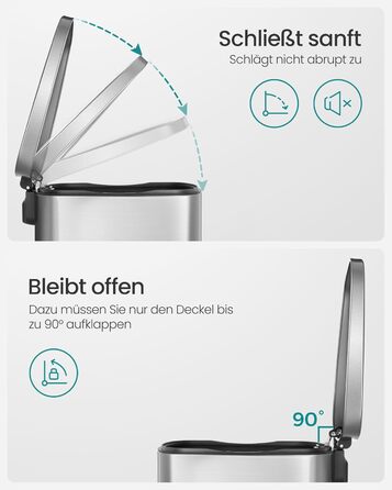 Відро для сміття SONGMICS 50 літрів з педаллю, нержавіюча сталь, з м'яким закриттям, з внутрішнім відром