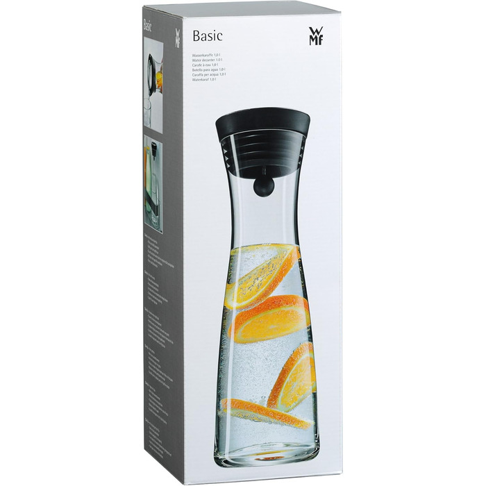 Графін для води WMF Basic 1 л, скляний, з силіконовою кришкою та механізмом CloseUp, чорний