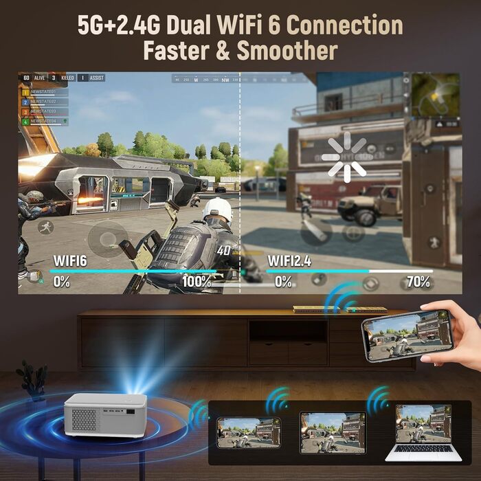 Портативний проєктор Mini Beamer 4K/1080p з Wi-Fi 6 та Bluetooth 5.4. Підтримка Auto Keystone, 200-дюймовий екран, сумісний з ноутбуками, смартфонами та TV (сірий)