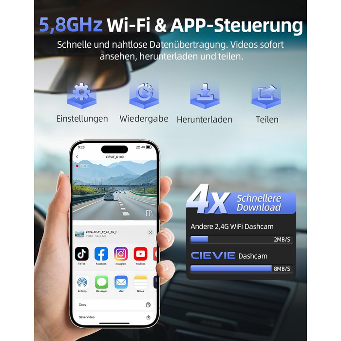 Відеореєстратор CIEVIE 4K+1080P з двома камерами, WiFi, IPS дисплей 1.5