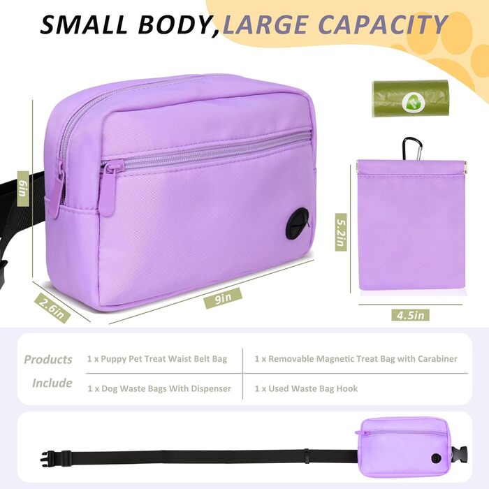 Сумка для собак з карабіном, сумка для тренування цуценят з відділенням для ласощів та контейнером для відходів, сумка для перенесення кормів для тварин з регульованим поясом (фіолетовий)