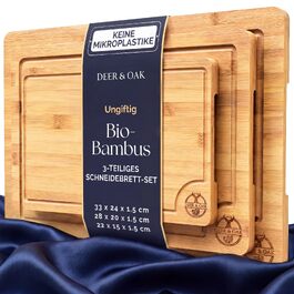 Набір бамбукових кухонних дощок для нарізки Deer & Oak, 3 шт., з жолобком для соку та ручкою, проолієні