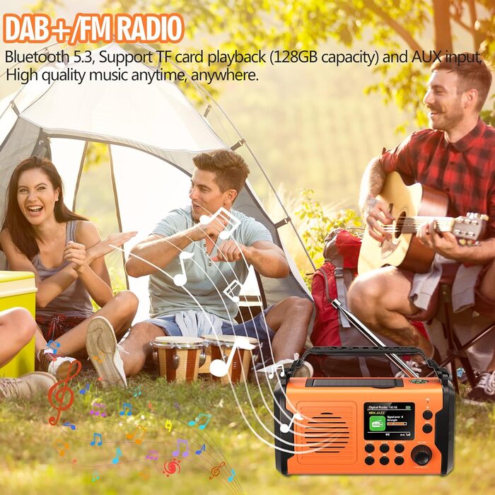 Радіо Kurbelradio з сонячною панеллю та живленням від ручки, 20000mAh, DAB/DAB+/FM, Bluetooth 5.3, Powerbank, SOS, ліхтарик, компас, AUX, TF картка, LED-лампа, помаранчеве