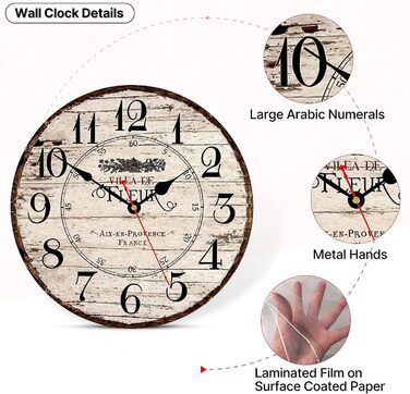 Toudorp Wall Clock Wooden French Country Style Quiet Wall Clock Easy to Read Battery Operated Home Decorative Retro Wall Clock (French Country, 12 inches)