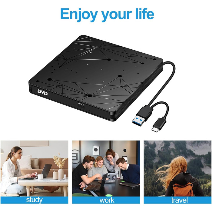 Зовнішній CD/DVD привід LMEN з USB 3.0 для ноутбука та ПК, портативний DVD-записувач CD-ROM, низький рівень шуму, сумісність з Windows, Linux, MacBook