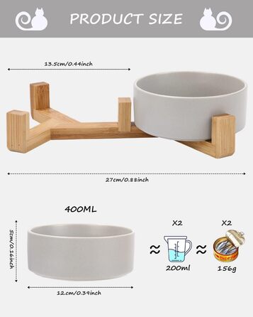 Миска для корму для собак і котів з кераміки з бамбуковим підставкою та антиковзним килимком (400 мл, 2 шт., зелений/сірий)