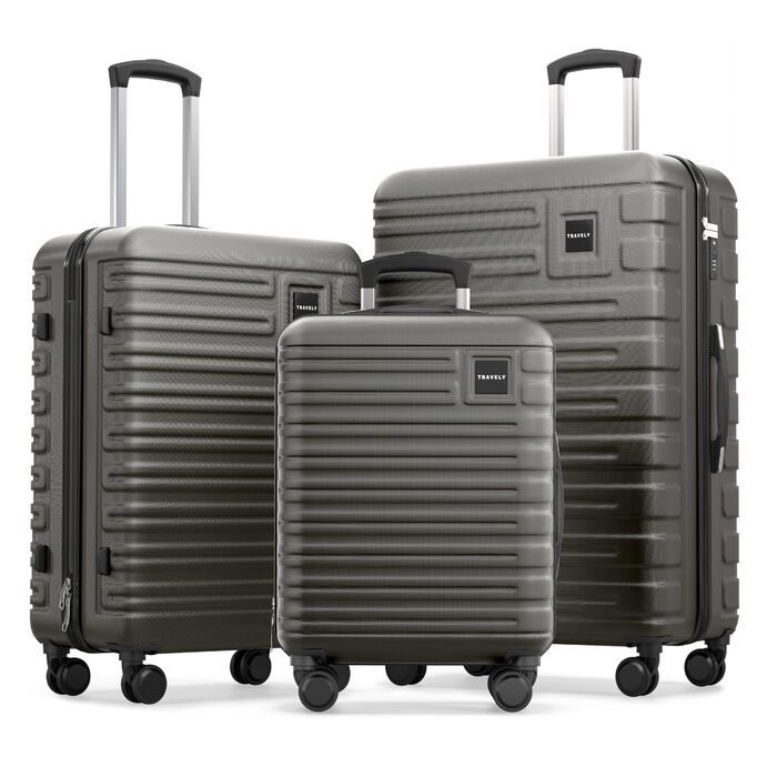 Набір валіз Travely з полікарбонату: 77см, 67см, ручна поклажа, TSA-замок, колір - місячний сірий