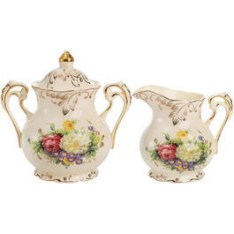 Foreigner's Zucker and Milchkännchen Set, Porcelain Ivory Coffee Serving Set Blossom Bushes Pattern Golden Leaves Edge Cream Pitcher and Sugar Bowl with Lid