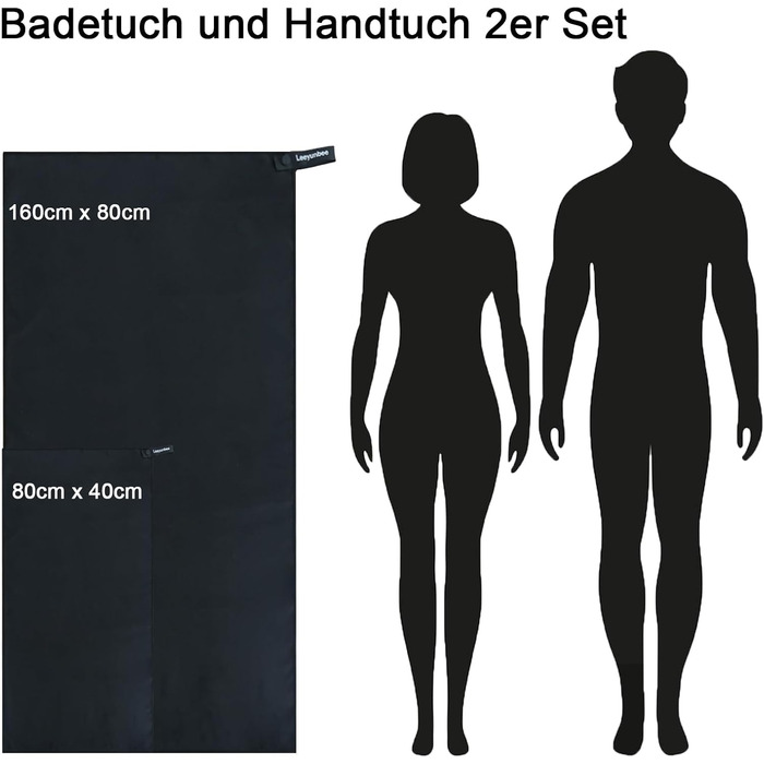 Набір рушників Leeyunbee з мікрофібри (2 шт.) - 160x80 см + 80x40 см, швидковисихаючі, для спорту, подорожей, пляжу (чорний)