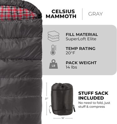 Сплячий мішок TETON Sports Celsius Regular, флісова підкладка, -18°C, 203 x 84 см (Сірий)