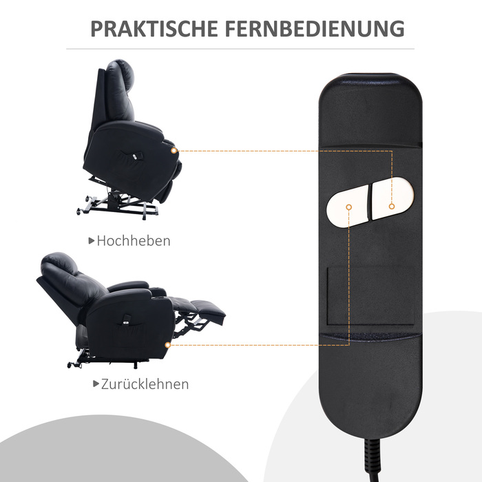 HOMCOM Recliner Chair, TV Chair with Rise Assist, with Storage Pouch, Adjustable Angle, Remote Control, 84 x 92 x 109 cm, Black | Aosom
