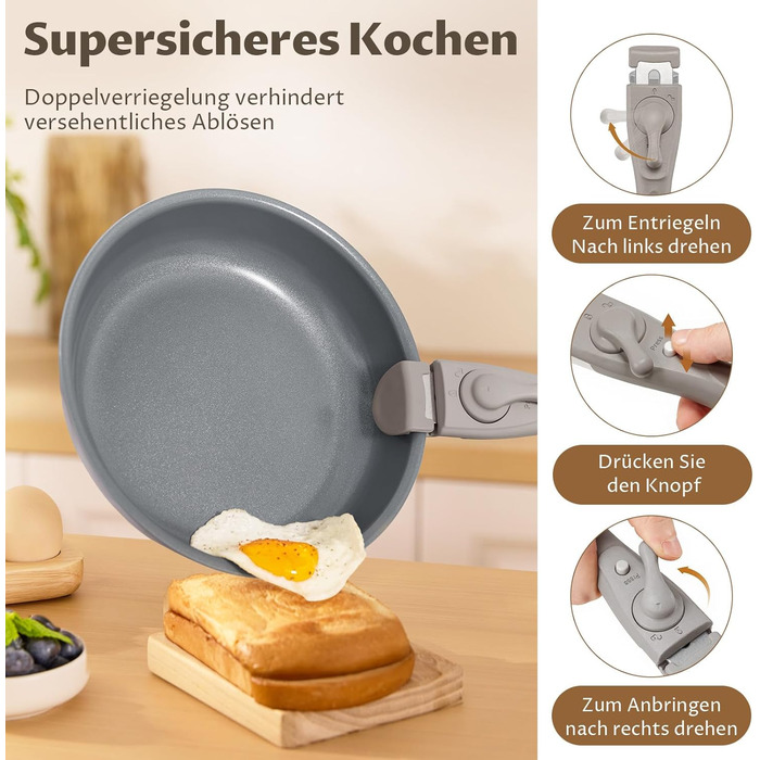 Набір каструль BEZIA 17 предметів з знімним ручками, антипригарний набір сковорідок з керамічним покриттям, набір каструль для індукційних плит, підходить для всіх типів плит, стік-набір, посуд для кемпінгу, піч-безпечний, світло-бежевий