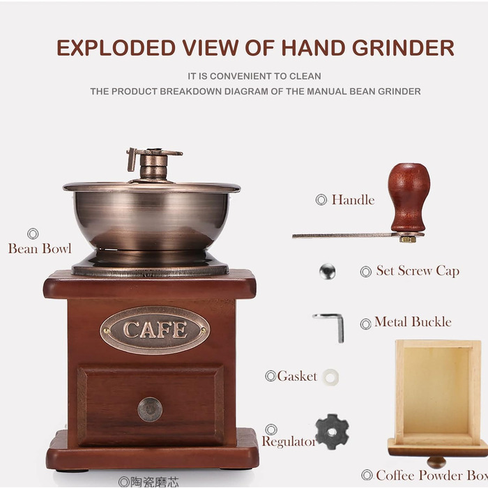 Manual Coffee Grinder Adjustable Coarseness Coffee Grinder Burr Grinder Coffee Bean Grinder Vintage Wooden Hand Grinder Handheld Coffee Grinder for Home Kitchen Office Camping Travel