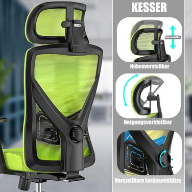 Крісло офісне KESSER® ергономічне з регульованими підлокітниками, підтримкою попереку та підголівником. Офісне крісло з функцією гойдання до 125° та 5 роликами. Зелений/Сріблястий колір