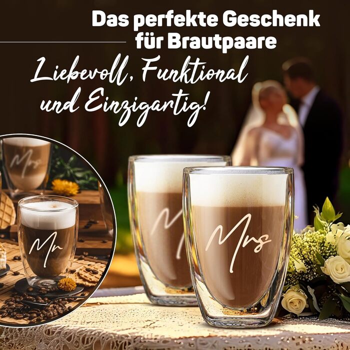 Набір склянок для лате макіато з подвійними стінками (4 шт.) | Mr & Mrs | 350 мл | Ідеально для кави, чаю, капучіно