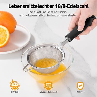 Кухонне сито U-Taste з дрібною сіткою 8,5 см, з нержавіючої сталі 18/8, з міцною заклепкою та силіконовою ручкою, для просіювання борошна, чаю, рису, кіноа, чорне