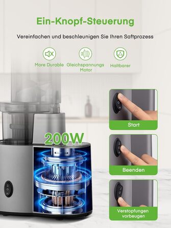 FOHERE Slow Juicer, Vegetable and Fruit Extractor, 119MM Opening, Electric Cold Press with Quiet 200 Watt Motor, Easy to Clean with Double-Layer Filter and Reverse Function