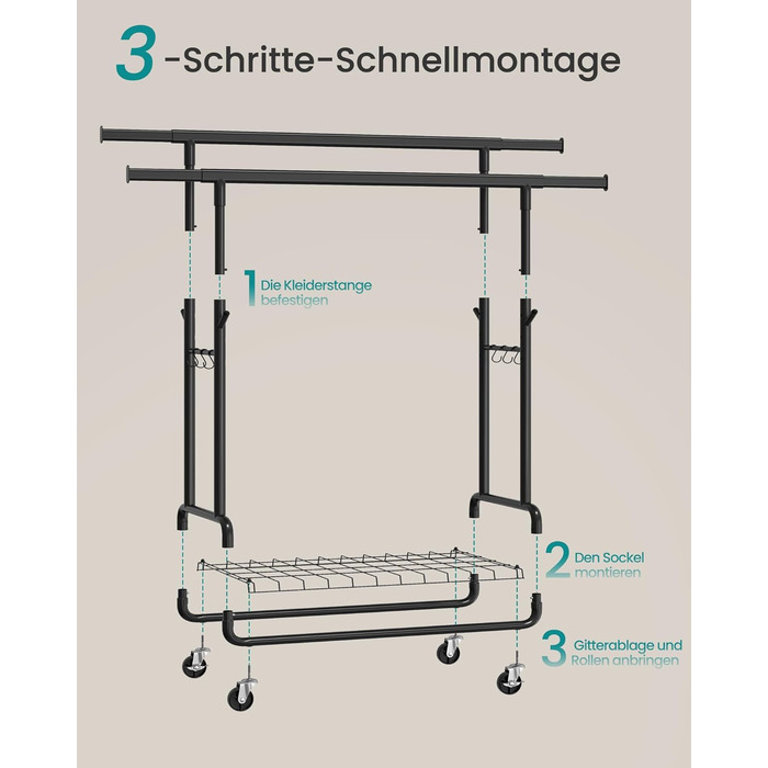 SONGMICS Стійка для одягу на коліщатках, важка, з 2 висувними штангами, регульована висота, з полицею та гачками, чорний HSR015B01