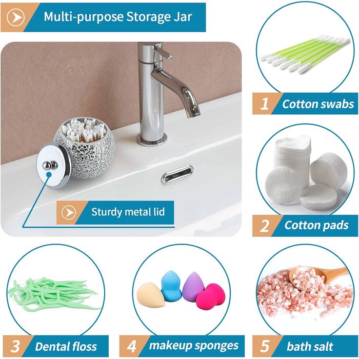 4-Piece Mosaic Glass Bathroom Accessories Set, Modern Luxury Bathroom Ensemble, including Soap Dispenser, Cotton Swab Holder, Toothbrush Holder, Vanity Tray (Shiny Blue) (Shiny Silver)