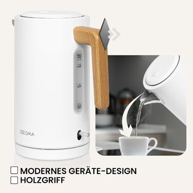 Електричний чайник ZEEGMA KETLEE 1.7L бездротовий, нержавіюча сталь, 2200W, для чаю та кави, автоматичне відключення, LED-дисплей, сучасний дизайн (білий)