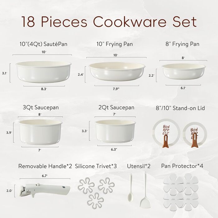 Набір посуду Carote 18 предметів: каструлі та сковороди з керамічним антипригарним покриттям, знімні ручки, індукція, кремово-білий