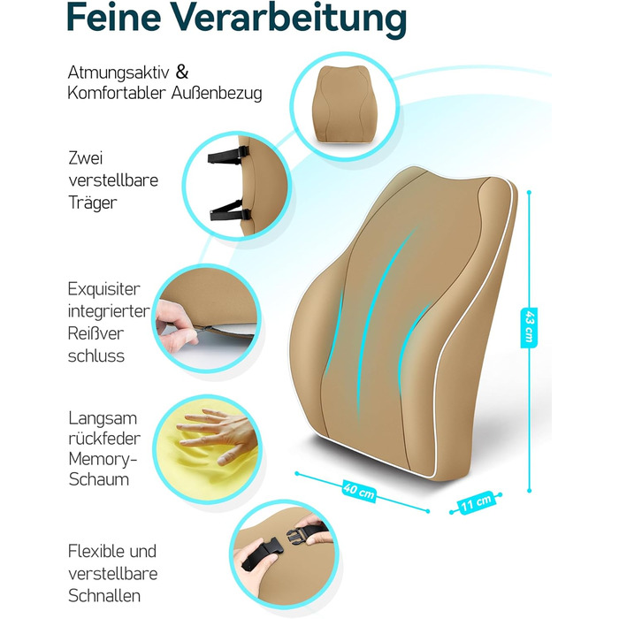 Подушка для спини Ergonomisches RückenKissen Travel Ease з Memory Foam для офісного крісла, з антистатичним, приємним до шкіри чохлом для комфортної посадки (Хакі)