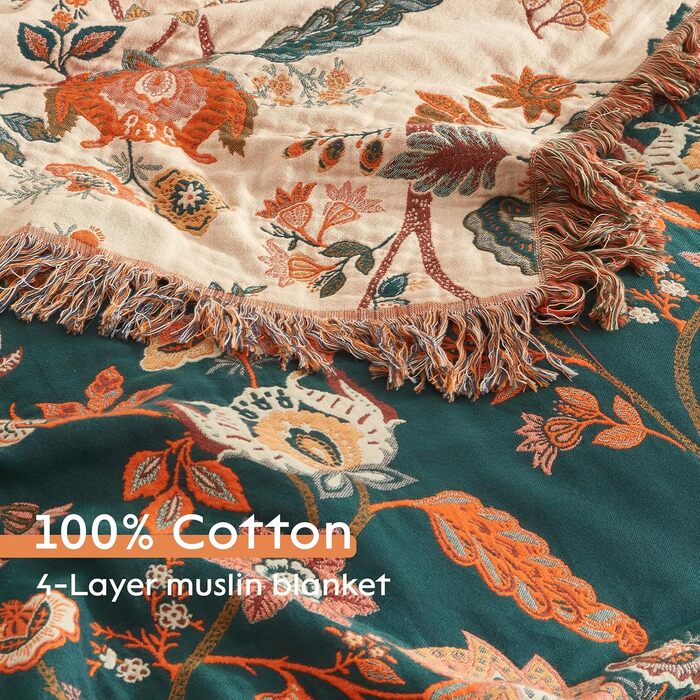 SE SOFTEXLY Boho плед з 100% бавовни – двосторонній мусліновий плед 150x200 см, м'який плед на диван та ковдра на ліжко, естетичний дизайн, ідеальний для вітальні та спальні, Orange/Grün Blütentraum (230 x 250 cm, Blütentraum)