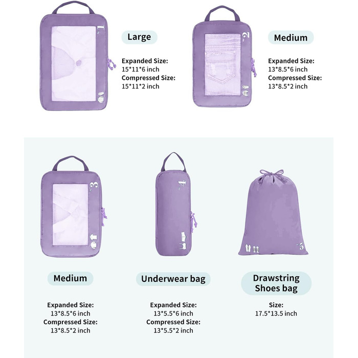 Набір органайзерів для валізи ECOHUB (5 шт.) - компресійні куби для подорожей, рюкзаки, валіза, органайзер для одягу (темно-зелений, світло-фіолетовий)