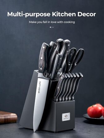 AMEGAT Self-Sharpening Knife Block Set with Carving Fork - Premium Stainless Steel Knife Set with Wooden Block - Vollerl & 3-Rivets Design