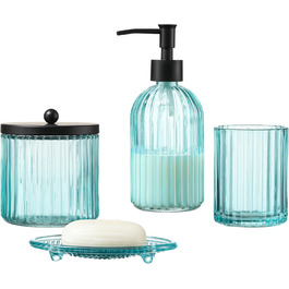 4-Piece Heavy Glass Bathroom Accessories Set with Decorative Pressed Pattern – Includes Soap Dispenser, Tumbler, Soap Dish, and Toothbrush Holder (Blue-black)