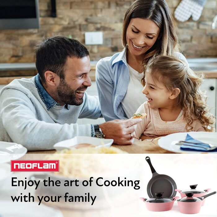 Набір посуду Neoflam Eela 7-Piece з керамічним покриттям, антипригарний, з кришкою, з ручкою, для плити, рожевий