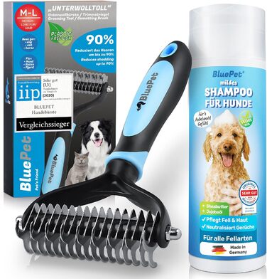 Щітка для собак та котів з довгим хутром BluePet: видаляє підшерстя та ковтуни, захищає верхній шар, ідеально для линьки (M-L породи, M-L + шампунь)