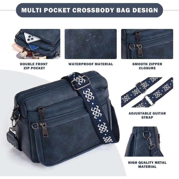 Сумка жіноча через плече MUIIKOLA середнього розміру шкіряна темно-синього кольору з широким м'яким ременем