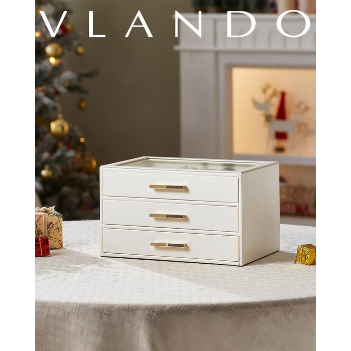 Скринька для прикрас Vlando - Організатор для прикрас з 3 рівнями, з персоналізацією, з кришкою з скла, велика, 3 висувні ящики, бежевий