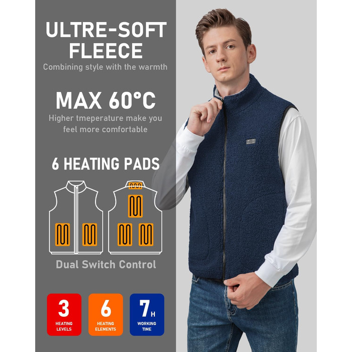 LABCOOL Тепла жилетка з підігрівом - чоловіча та жіноча жилетка з флісу - USB-підігрів з акумулятором 10000mAh - 6 зон підігріву з 3 рівнями температури - можна прати в пральній машині, розмір M, синій